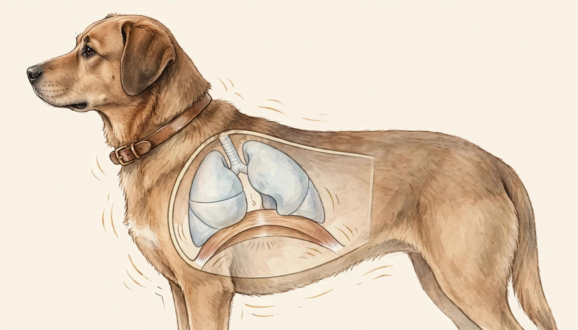 Illustration d'un chien de profil montrant ses poumons et son diaphragme.