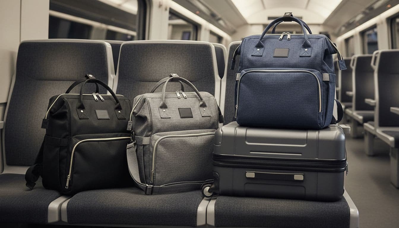 Sacs à langer compacts sur banquette de train avec valise