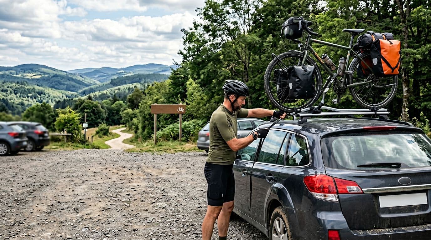 A cyclist attaches a fully loaded touring bike to a car's roof bike rack in a parking lot near a bike trail starting point, with a car in the background and distant rolling hills under daylight.