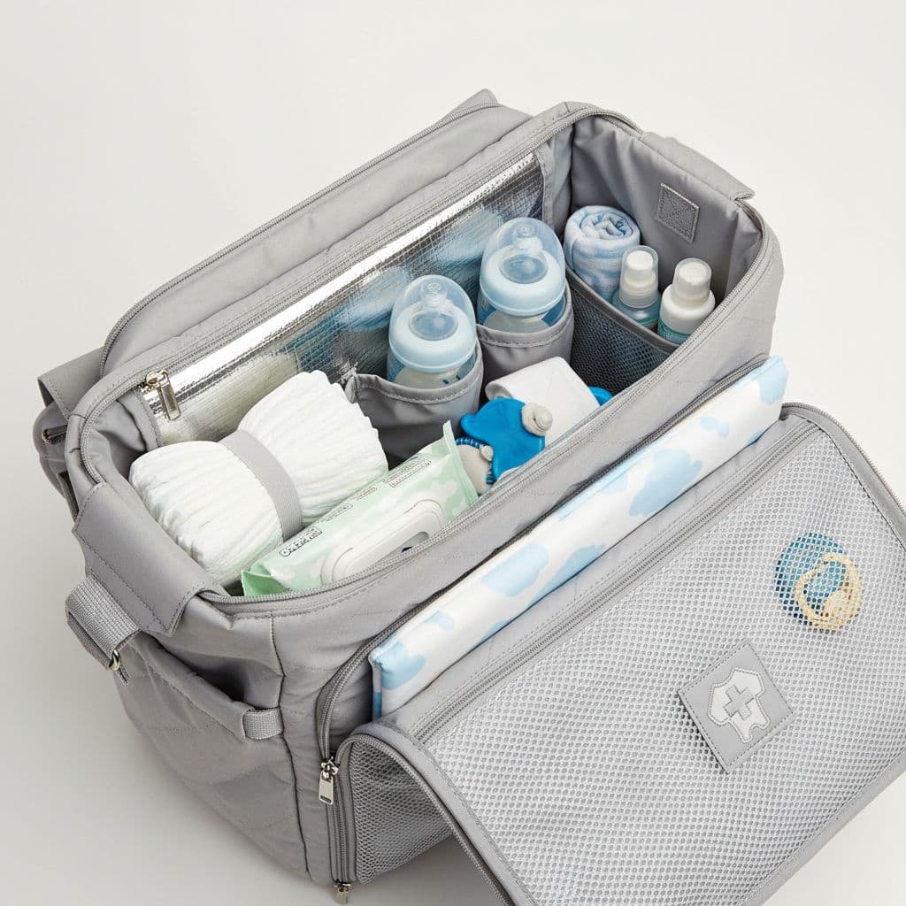 Top-down view of a well-organized open diaper bag interior featuring compartments for diapers, wipes, insulated bottle pocket, folded changing mat, and separate care pouches, in light gray waterproof fabric with bright studio lighting.