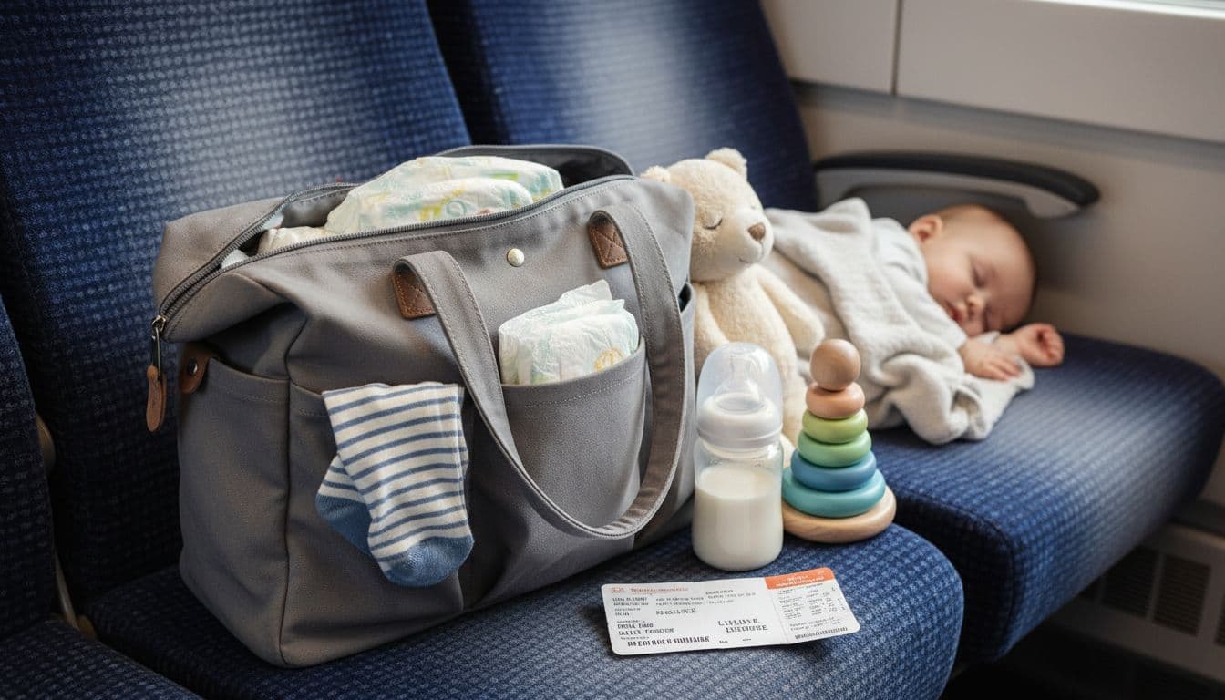Sac à langer avec essentiels de voyage et bébé endormi à côté