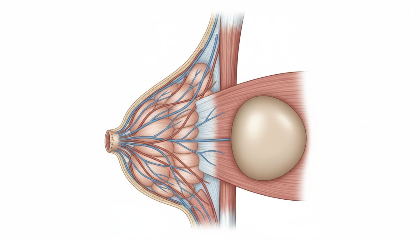 Coupe transversale sch&eacute;matique d'un sein f&eacute;minin montrant la glande mammaire en avant, les canaux galactophores, le mamelon, et une proth&egrave;se mammaire sous le muscle grand pectoral. Illustration m&eacute;dicale claire et r&eacute;aliste centr&eacute;e sur la coupe anatomique.