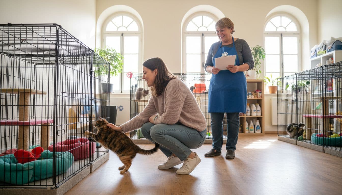 Inside a clean and brightly lit cat shelter in France with high windows, a young woman crouches to gently stroke a curious tabby cat through the bars of a spacious enclosure with cushions and toys. A smiling volunteer holds a questionnaire in the background, evoking a welcoming and trusting atmosphere with natural light.