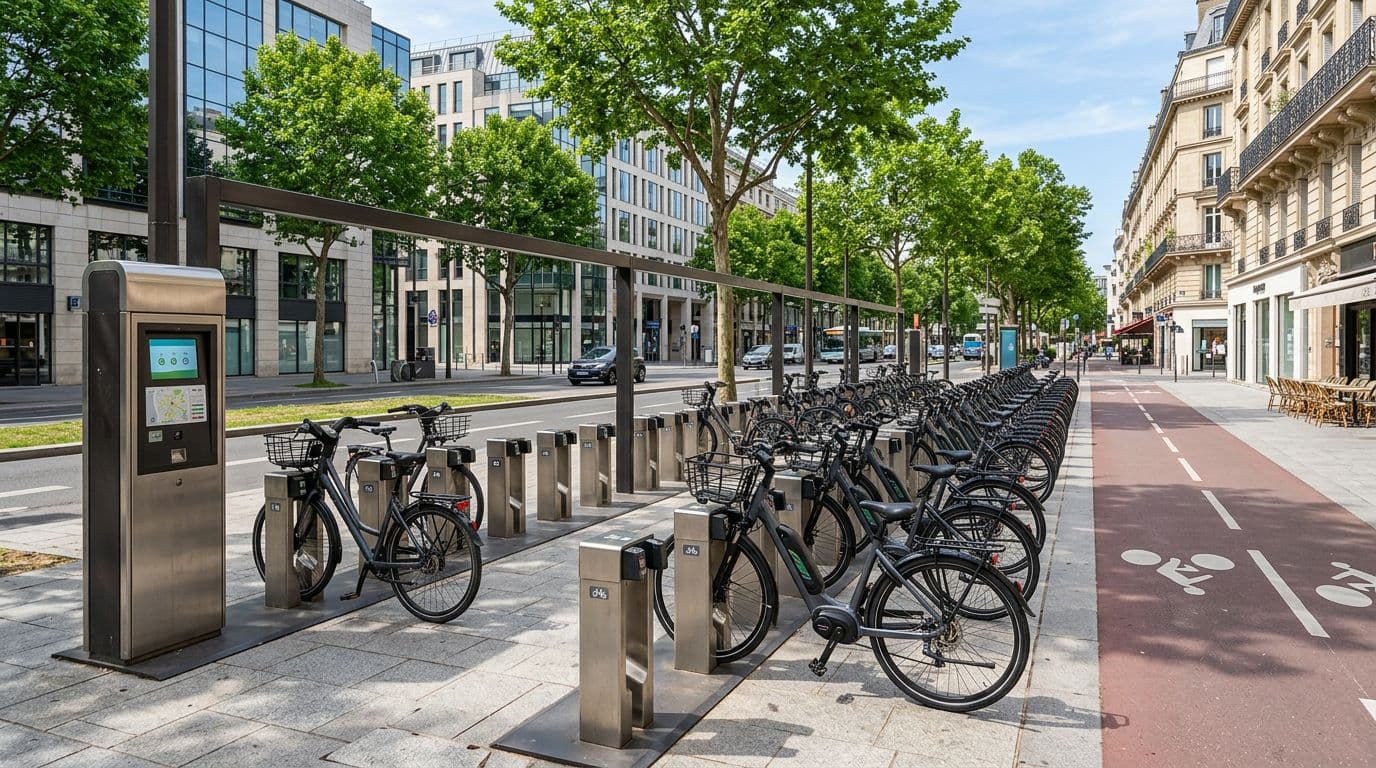Wide-angle overview of a clean bike station in a modern French city with available rental bikes including electric ones and empty slots on a sunny day, realistic style with natural lighting and no people or logos.