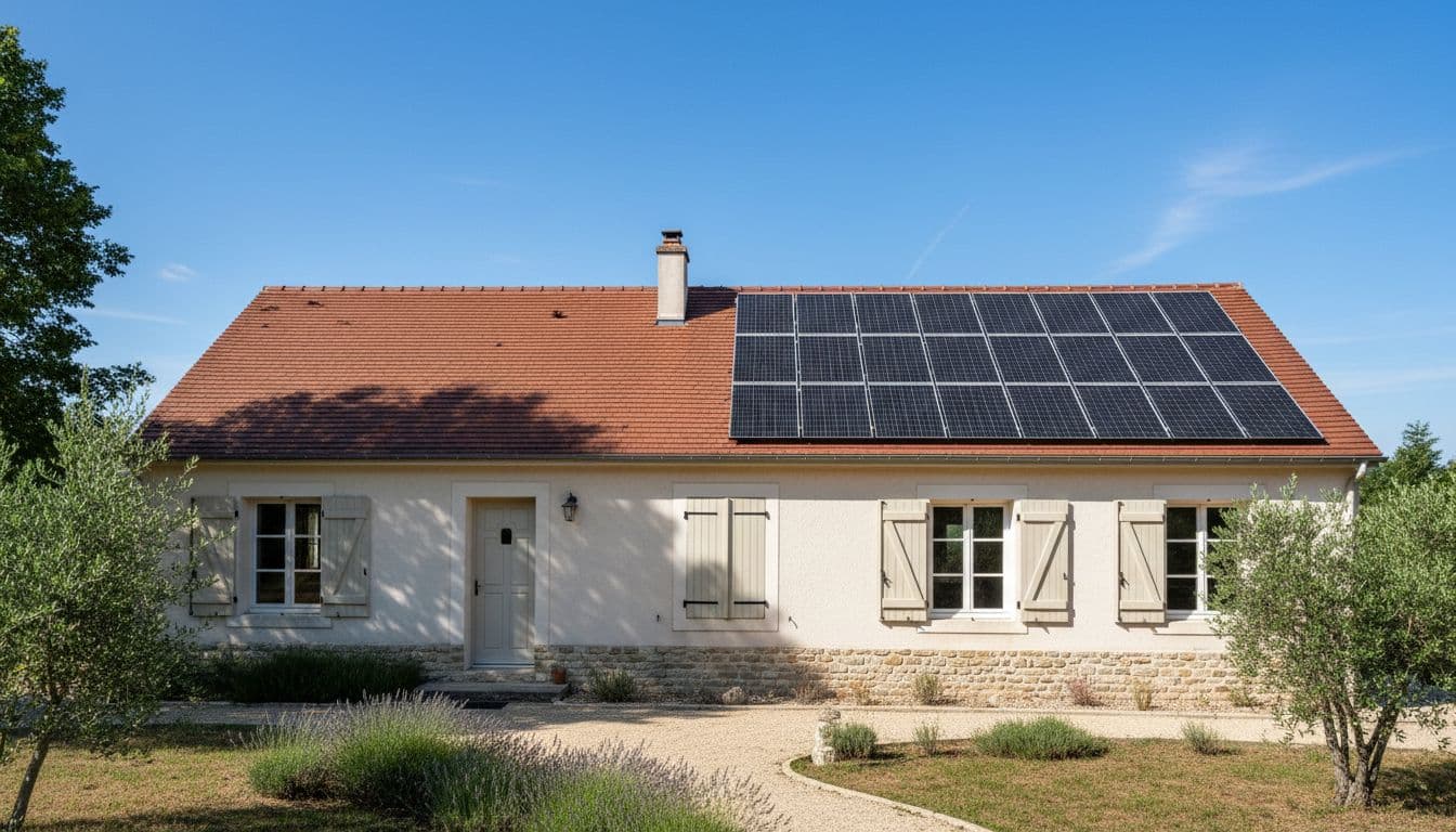 Exterior view of a typical French single-family house with red-tiled south-oriented roof featuring monocrystalline solar panels, under a sunny blue sky with light shadow from a nearby tree.