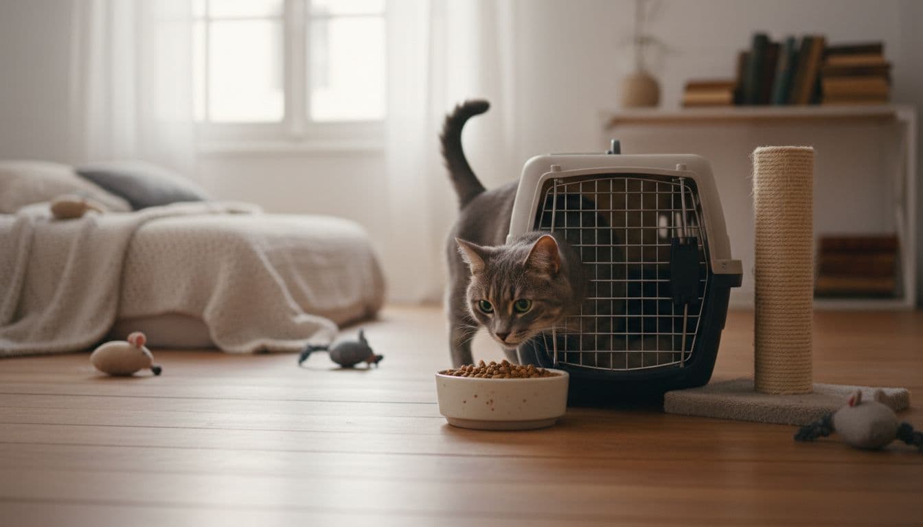 A cautious gray cat with green eyes emerges from its open carrier on the floor of a cozy room, sniffing a nearby food bowl and scratching post with a curious expression on its first day at home.