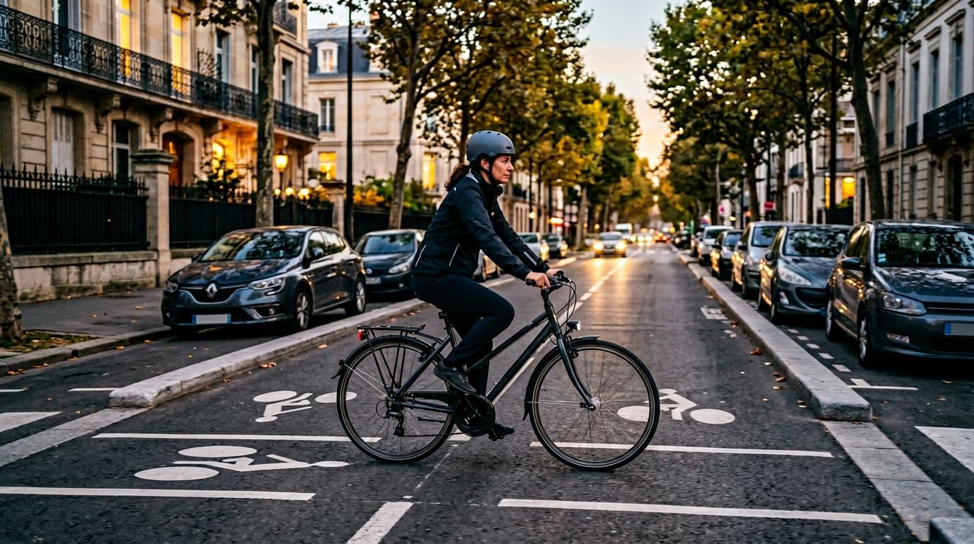 A cyclist wearing a helmet rides safely on a marked bike path in a French city at dusk, bathed in soft evening light, passing parked cars carefully with urban trees and buildings in the background. Realistic profile view photo featuring exactly one cyclist, no text, logos, or nearby traffic.