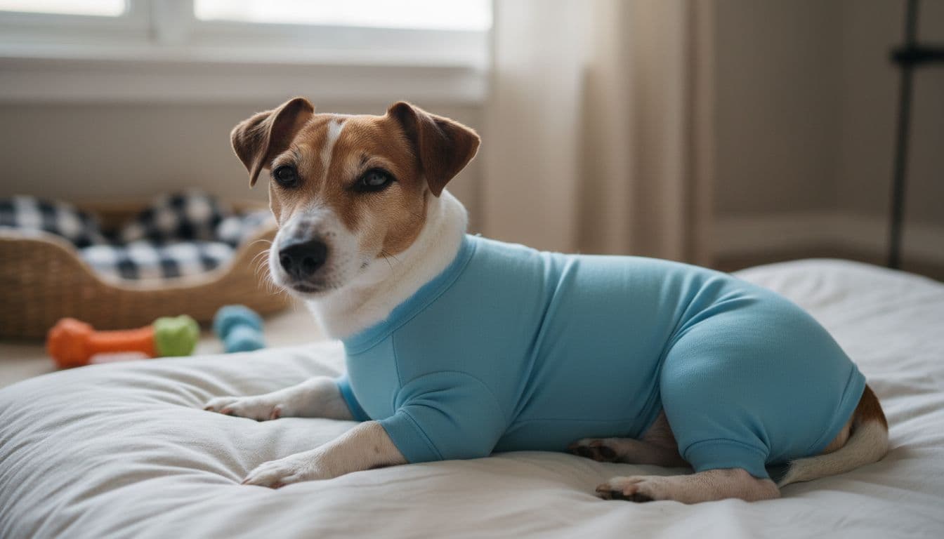 Chien portant un body m&eacute;dical