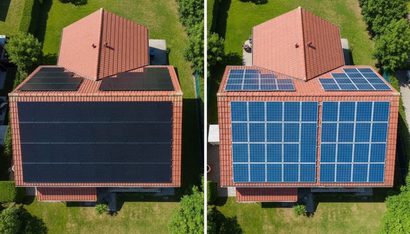 Side-by-side aerial view comparing high-density black monocrystalline solar panels on a small roof area versus larger blue polycrystalline panels on a bigger area, on similar rooftops under sunny skies.