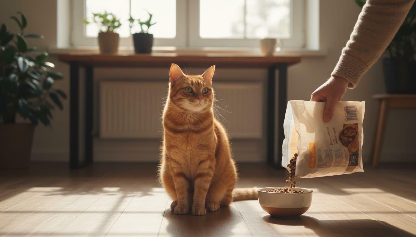 Une personne verse des croquettes dans un bol, un chat roux attend sur le sol dans une cuisine lumineuse, ambiance matinale chaleureuse.