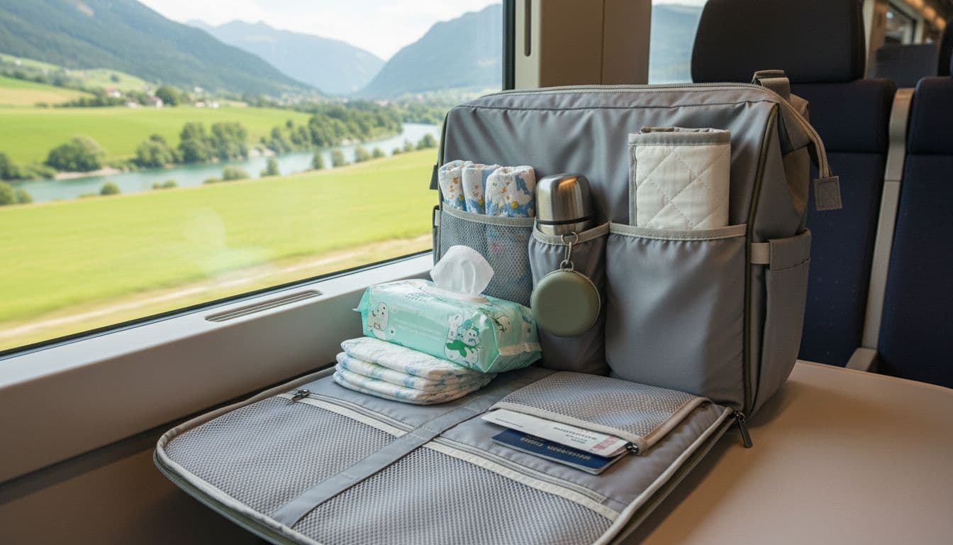 Sac à dos à langer ouvert montrant des compartiments organisés