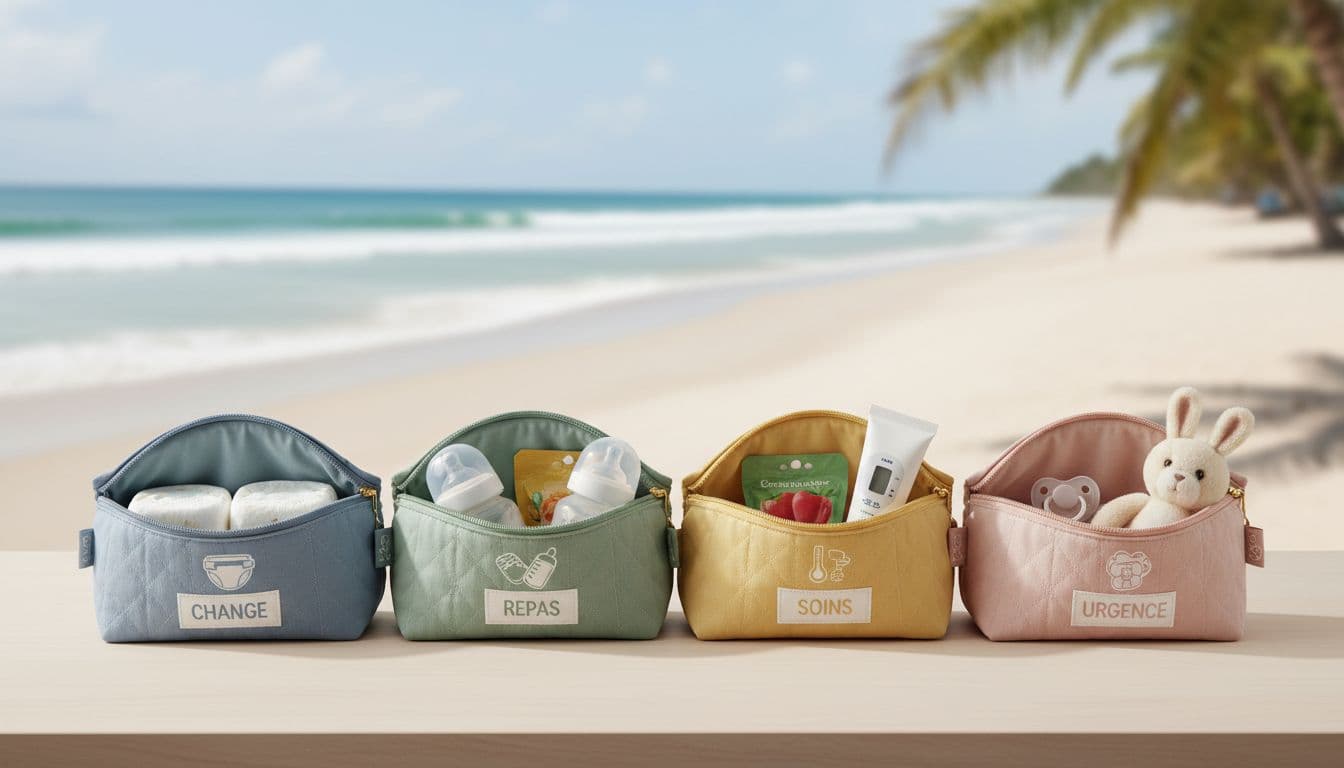 Four organized pouches from a diaper bag displayed on a wooden table: one for changing with diapers and wipes, one for meals with bottles and puree, one for care with cream and thermometer, and one for emergencies with pacifier and stuffed toy. Blurred beach vacation background, realistic flat lay style, soft pastel colors, natural lighting, symmetrical composition.