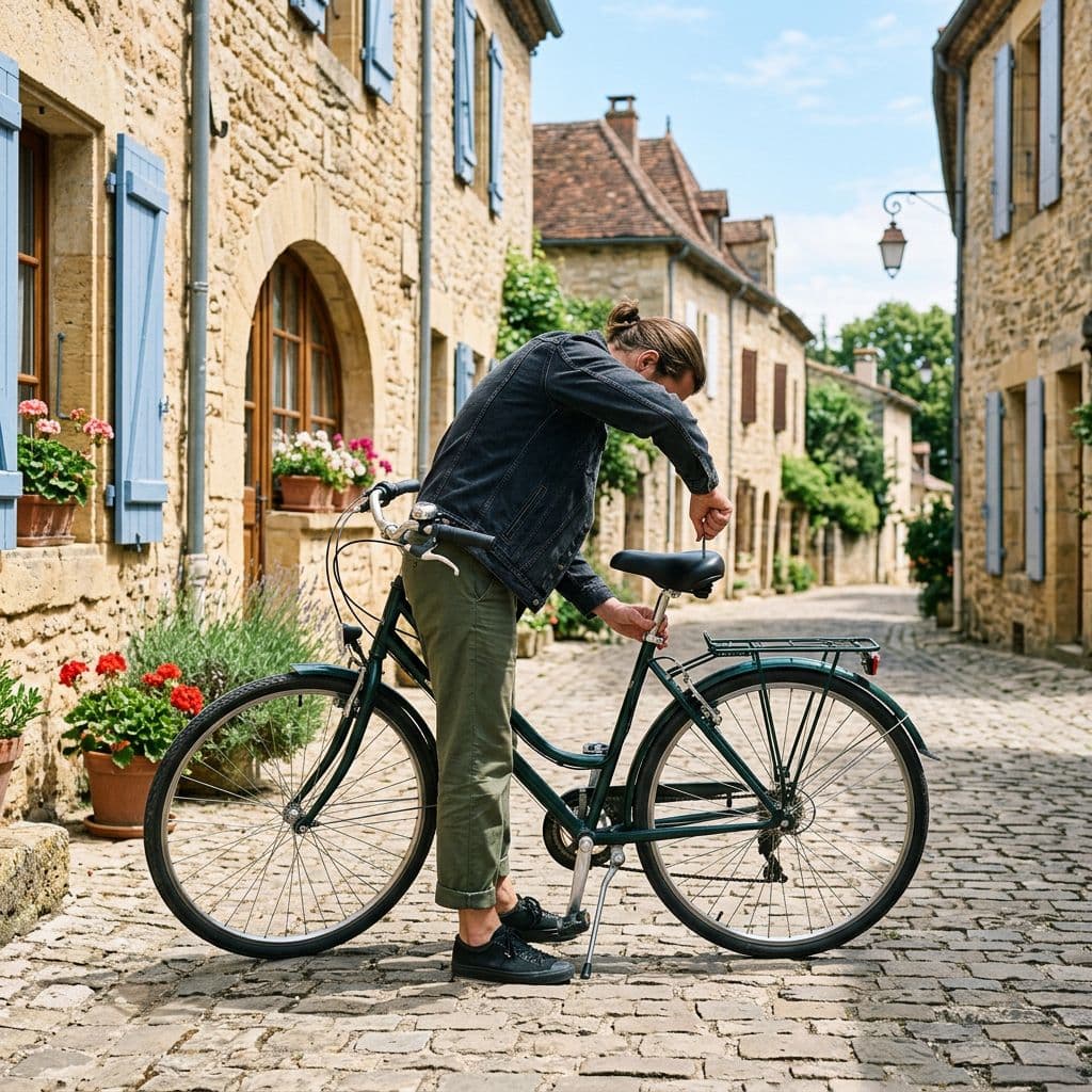 A person in casual clothes adjusts the seat height on a mechanical bike outdoors near a rental shop in a French provincial town, on a simple city street during bright daytime, side view with no face shown.