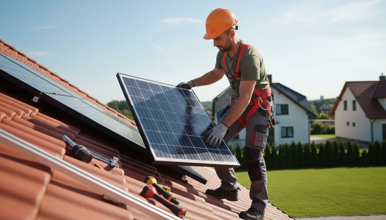 A professional installer in work attire positions solar panels on a steep residential roof under bright sunny weather, with tools on the ground and dynamic photo-reportage style highlighting quality workmanship.
