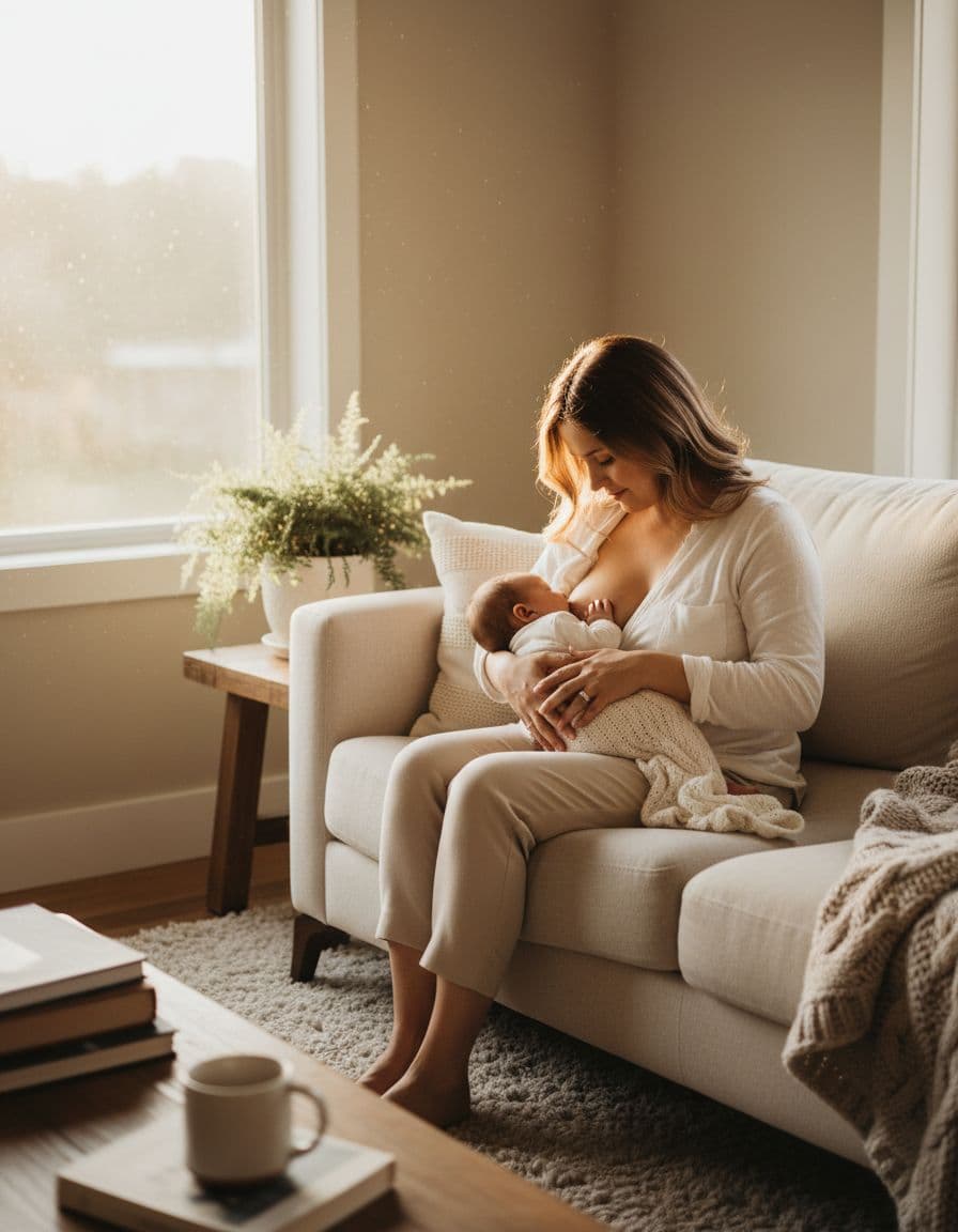 M&egrave;re sereine dans un salon lumineux allaite son nouveau-n&eacute; au sein avec un regard attendri, ambiance chaleureuse et naturelle, style photographie r&eacute;aliste.