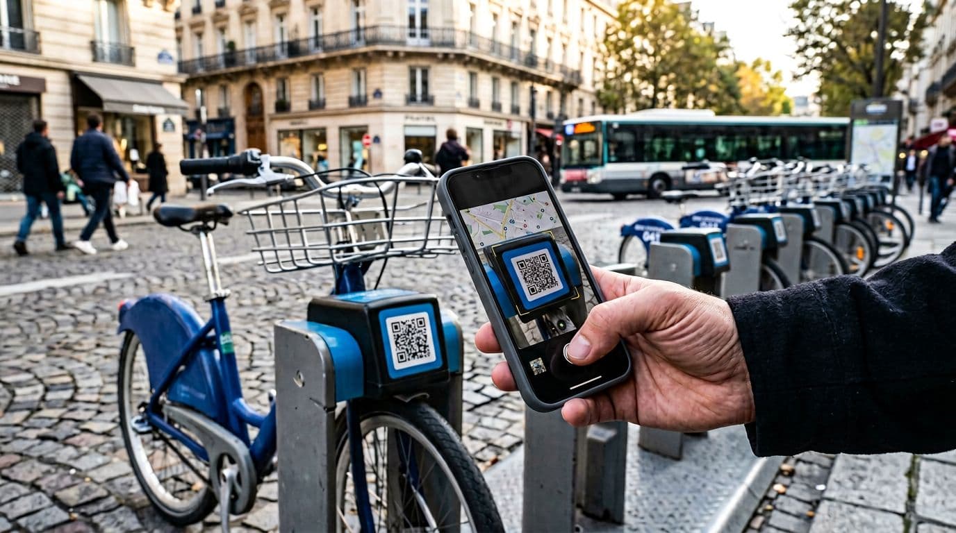 A smartphone in a hand scans a QR code on a docked rental bike lock at a French city bike station, urban street background with bikes in racks, morning light, realistic close-up photo.