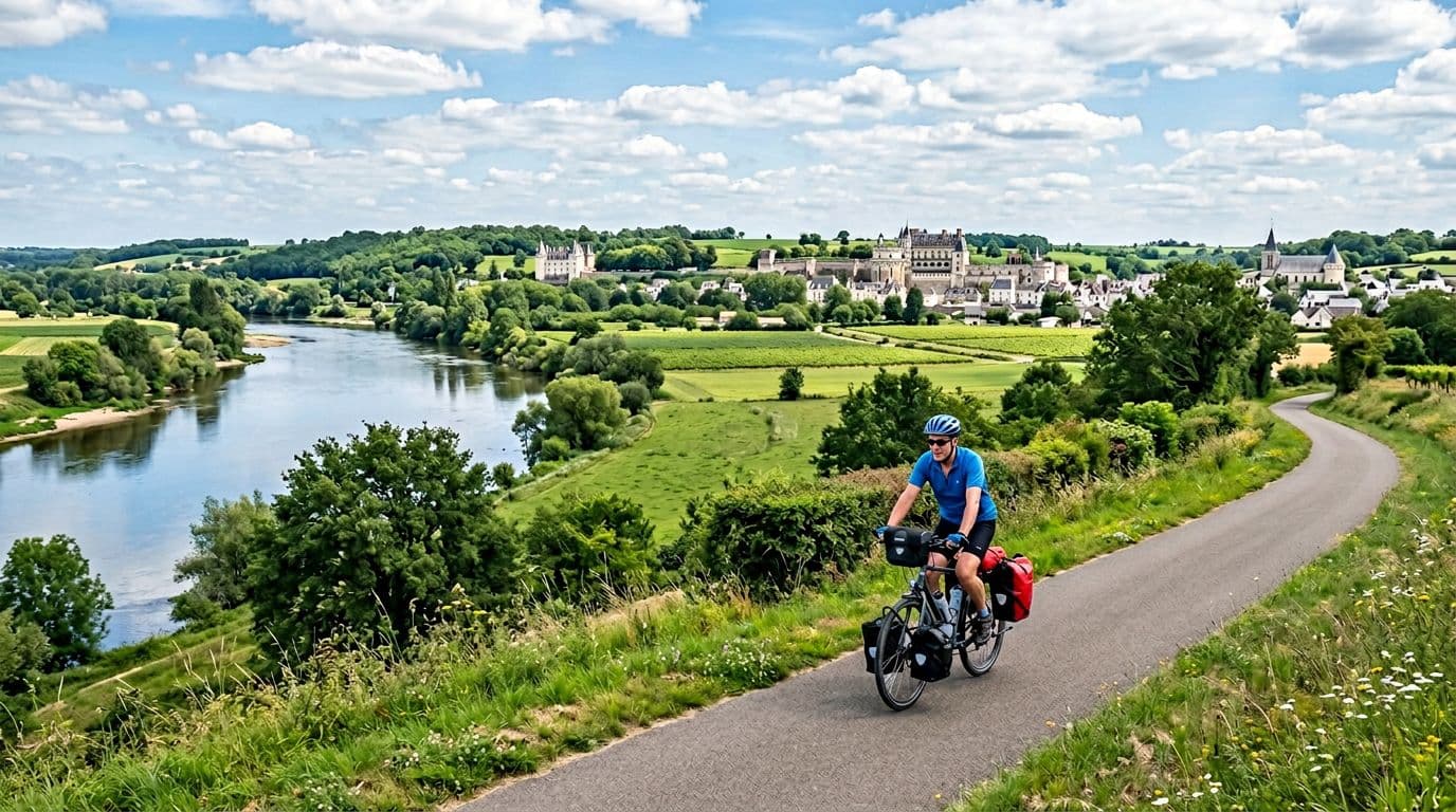 A lone cyclist pedals a touring bike on a flat path beside the Loire River in France, surrounded by green fields and distant castles under a sunny sky.