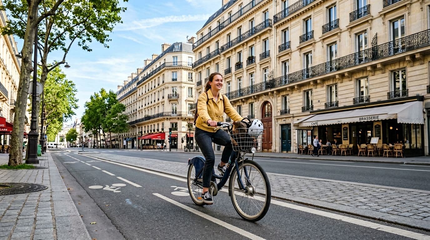 A young adult cyclist rides a standard city rental bike on a sunny urban bike lane in Paris, France, passing iconic Haussmann buildings and cafes in a dynamic forward motion composition with realistic photography style.