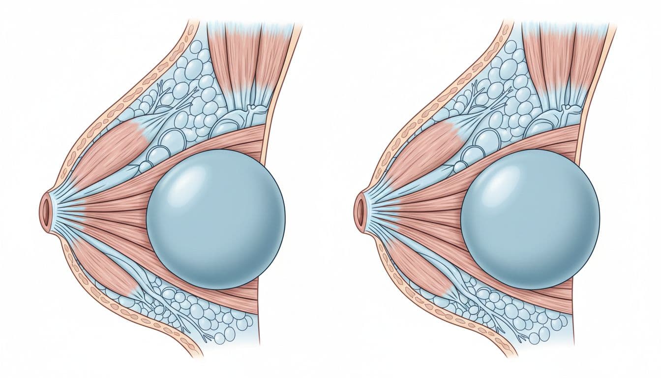 Precise anatomical cross-section diagrams of breasts showing mammary prostheses in subpectoral (under pectoral muscle) versus retroglandular positions, illustrating tissue separation. Two side-by-side views in medical illustration style with anatomical blue and flesh tones, neutral lighting.
