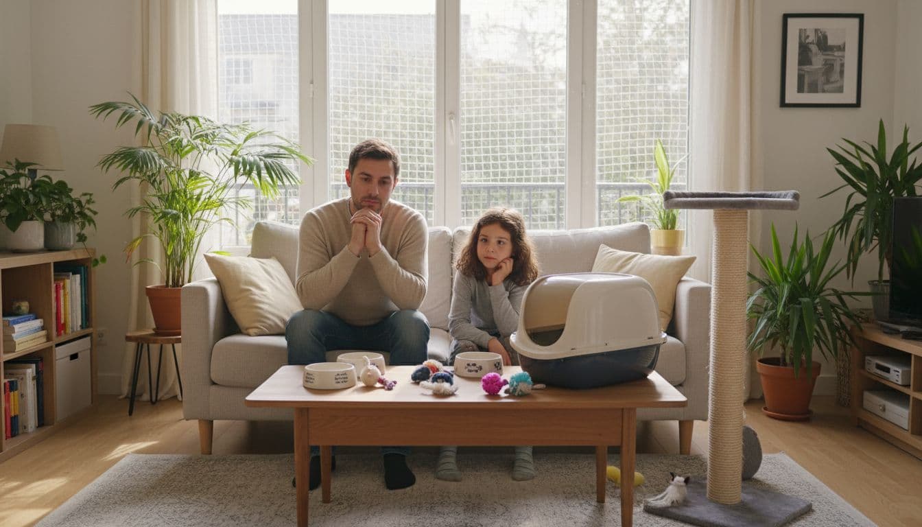 In a cozy, bright French apartment, a couple and child on a sofa pensively examine cat accessories like bowls, closed litter box, scratcher, and toys on a coffee table, with safe window netting and non-toxic plants in soft morning light.