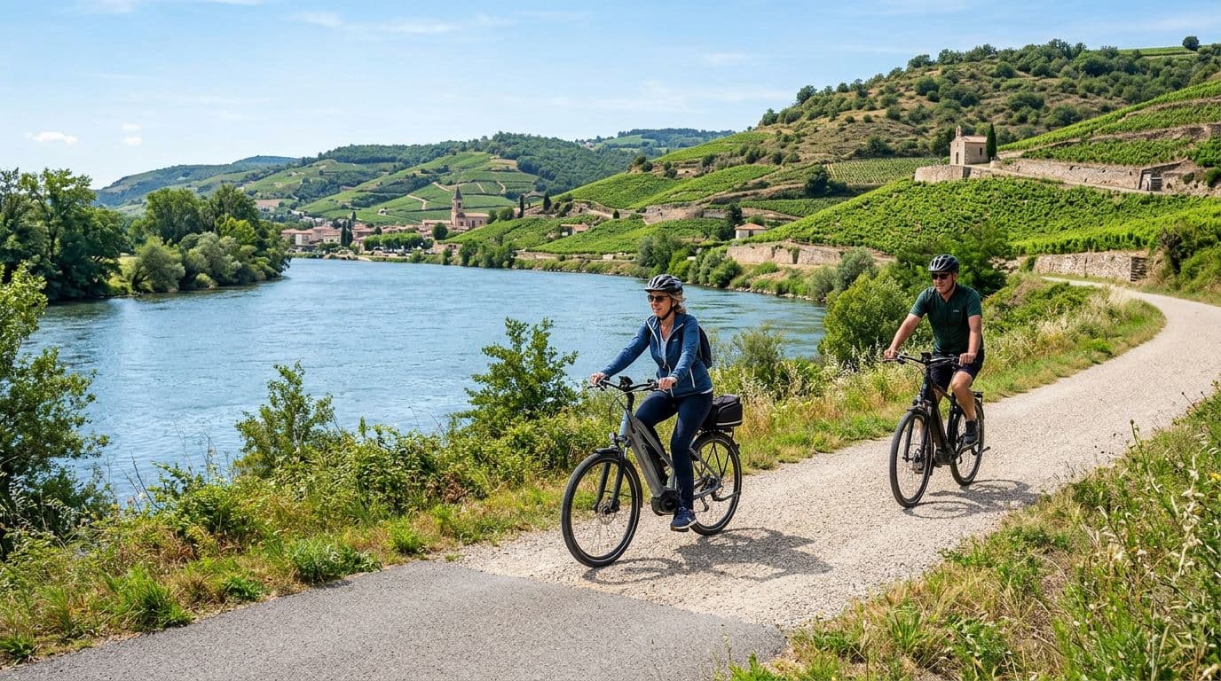 Two cyclists ride relaxed on electric bikes (VAE) along a mixed road and gravel path by the Rhône River in ViaRhôna, featuring a dynamic river landscape with vineyards and hills on a clear day.