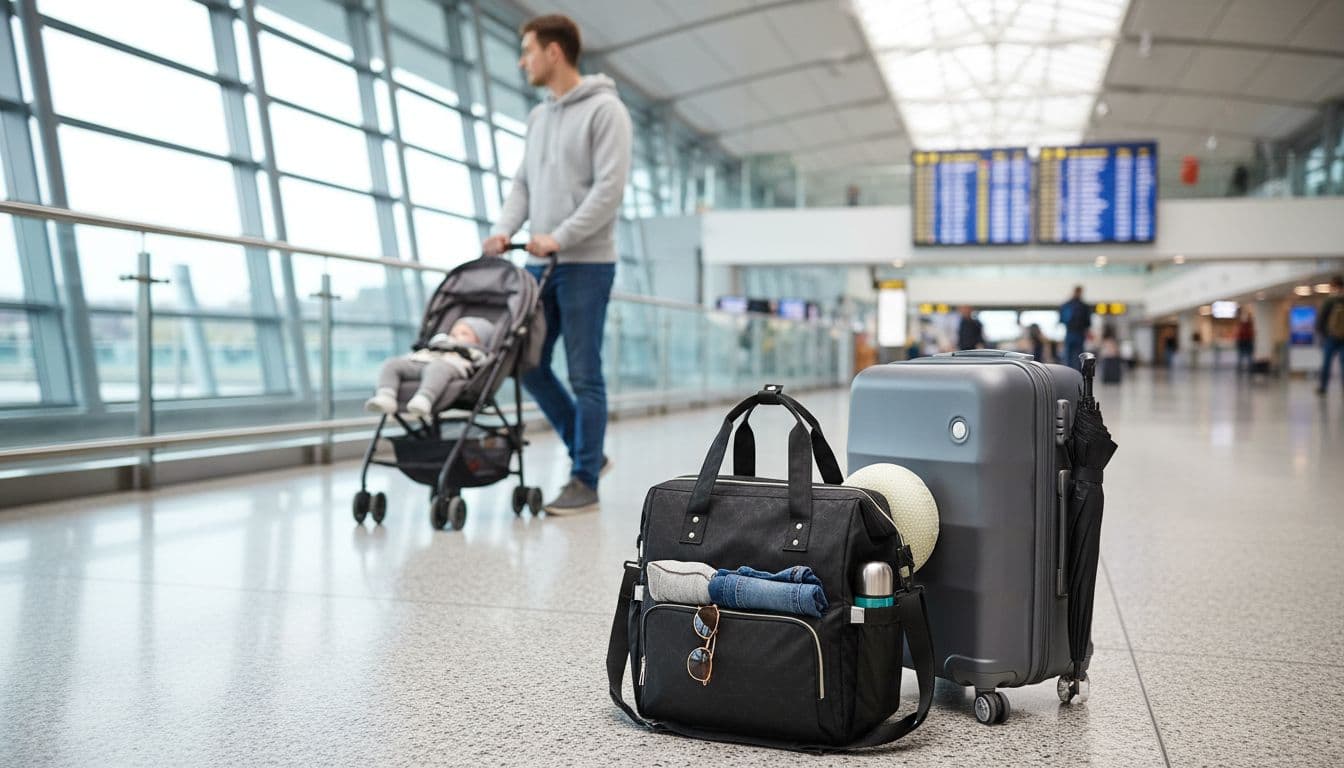 A discreet black unisex diaper bag repurposed as a weekend airplane cabin bag, filled with clothes and accessories, placed near a suitcase at a modern airport with a young parent and baby in stroller.