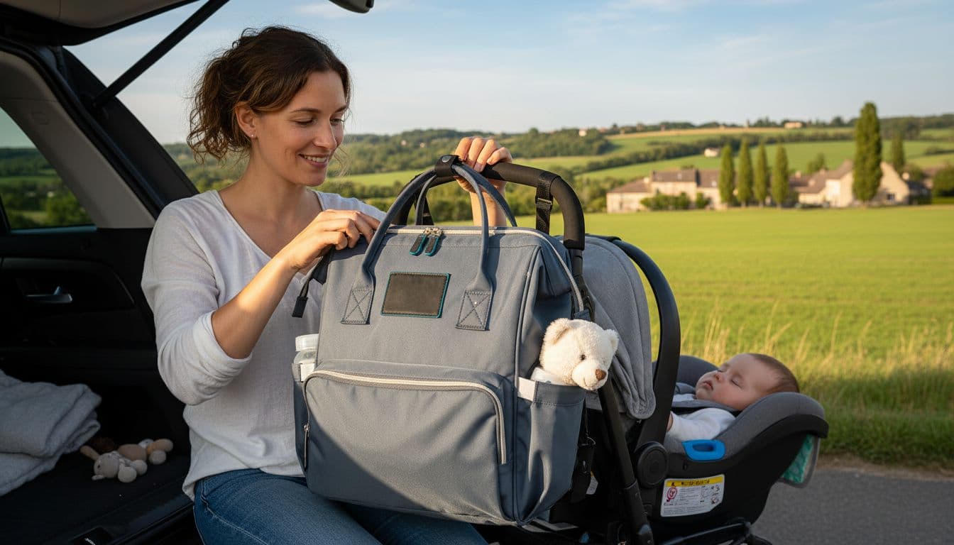 Une jeune maman française porte un sac à langer pratique lors d'un voyage en voiture avec son bébé en siège auto, sac attaché à la poussette, paysage routier ensoleillé en arrière-plan.