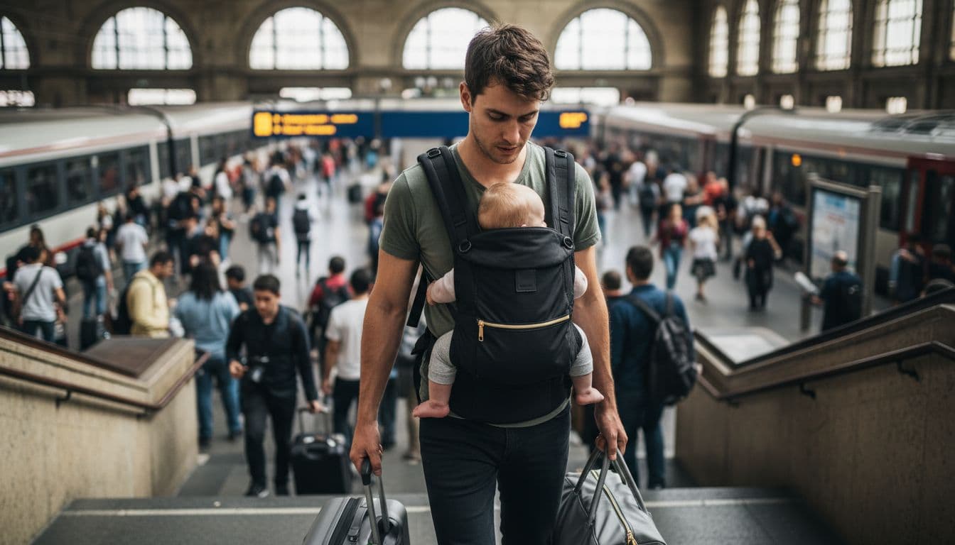 Parent avec bébé en porte-bébé et sac à dos à langer dans une gare