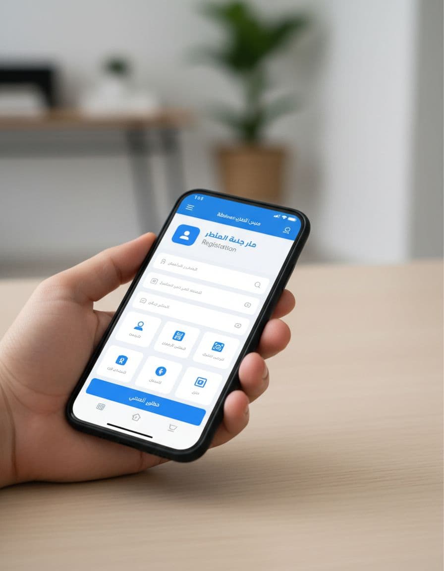 Smartphone screen displaying the Absher app open on the services registration page, held comfortably by one hand on a wooden table with angled focus, bright lighting, and clean photographic style. Screen slightly tilted with blurred details, no readable text or logos visible.