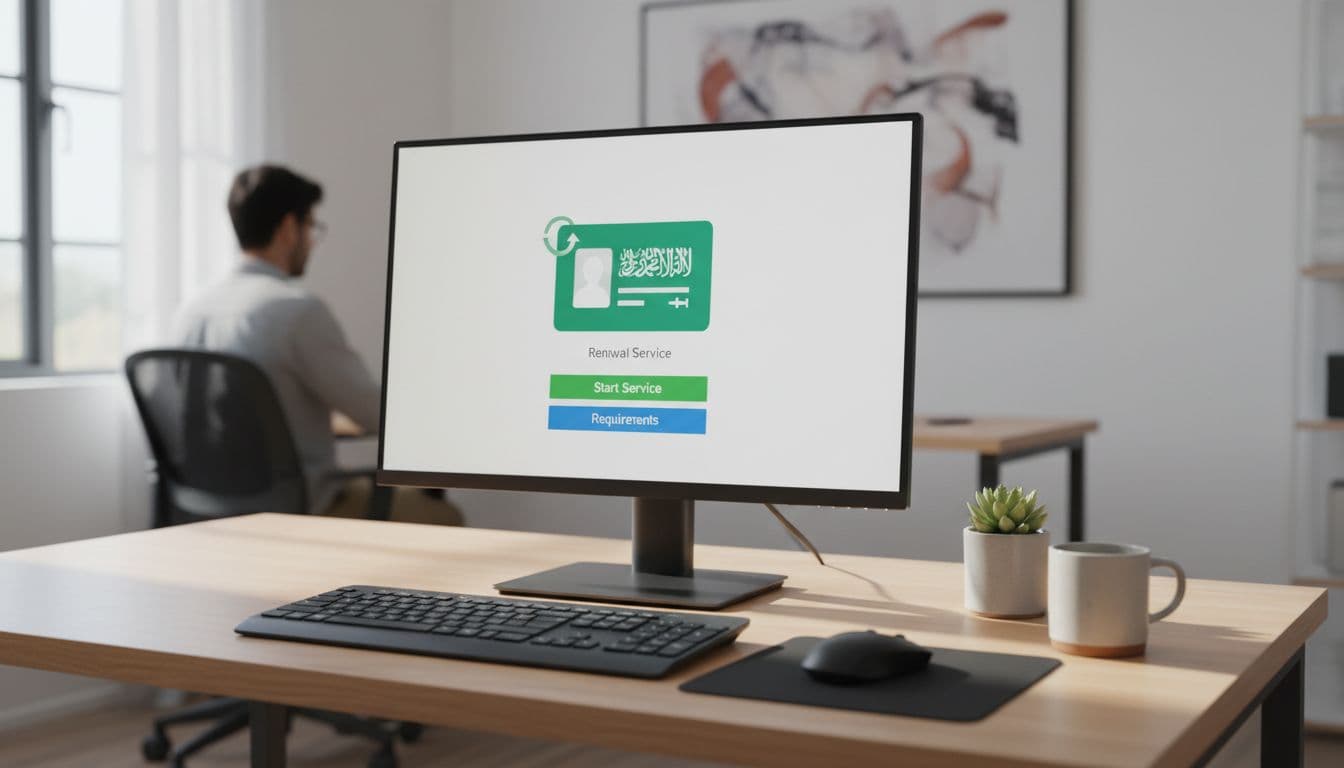 Realistic photo of a clean home office with computer screen displaying Absher interface for identity renewal service, keyboard, daytime lighting, partial person in background, landscape orientation, no readable text or complex UI.