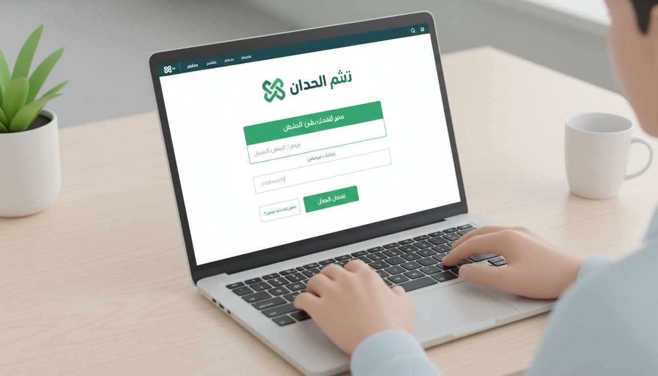 A clean, realistic UI illustration of a laptop displaying the Absher أبشر أفراد login screen with national ID/username and password fields in green and white Saudi colors, Arabic labels, and office desk background for tutorial use.