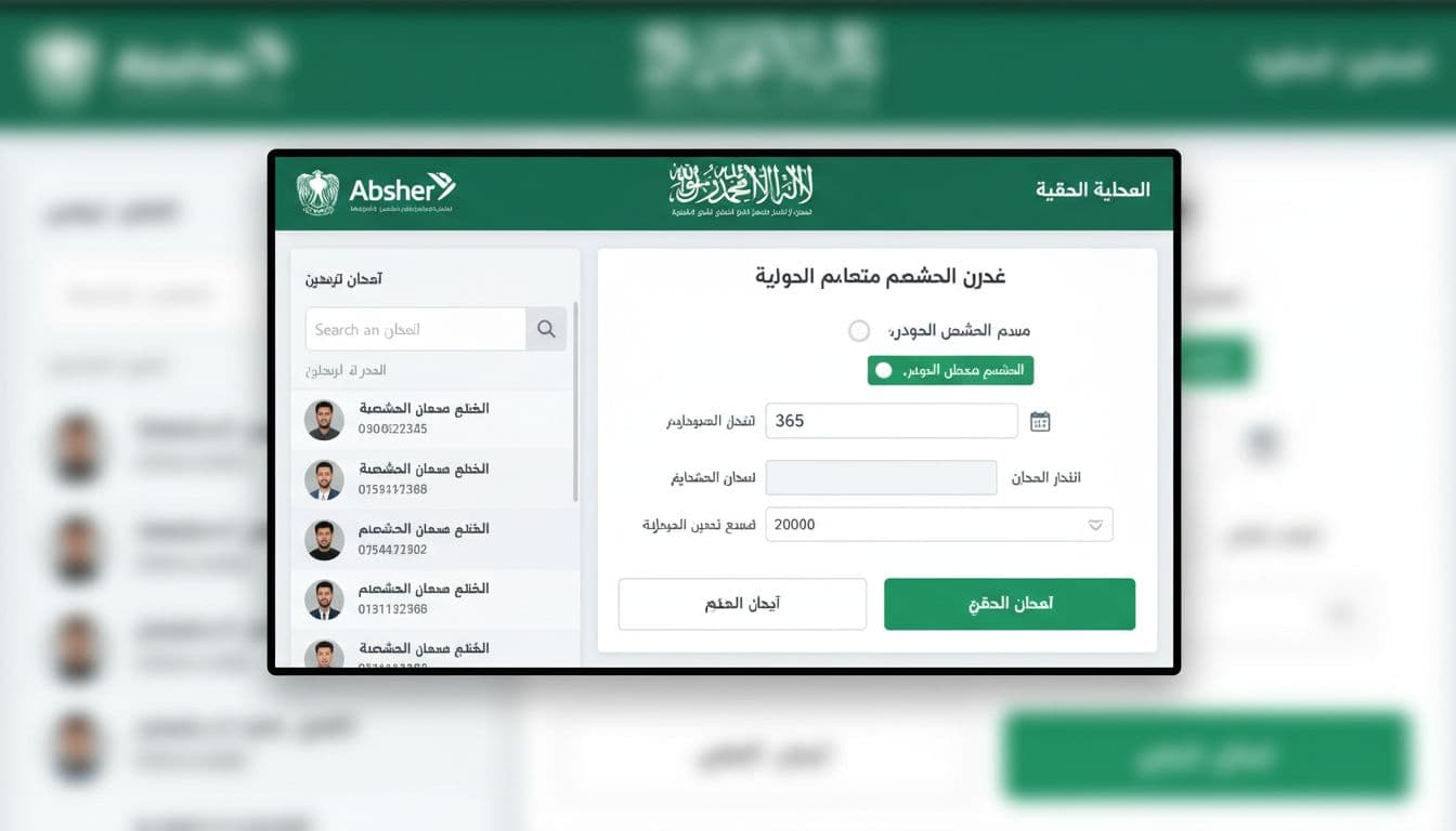 Clean, realistic UI illustration of Absher platform for issuing multiple exit and re-entry visas, featuring search by name or number, details with 'متعددة' type selection, duration form in days, Saudi green-white scheme, Arabic labels, flat modern design for tutorial.