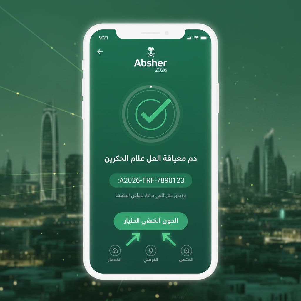 Illustrative UI-style image of the submission confirmation screen after filing a traffic objection on Absher 2026 Saudi, featuring Arabic success message, tracking number, back button, clean mobile mockup in Saudi green and white colors, with arrows for next steps.
