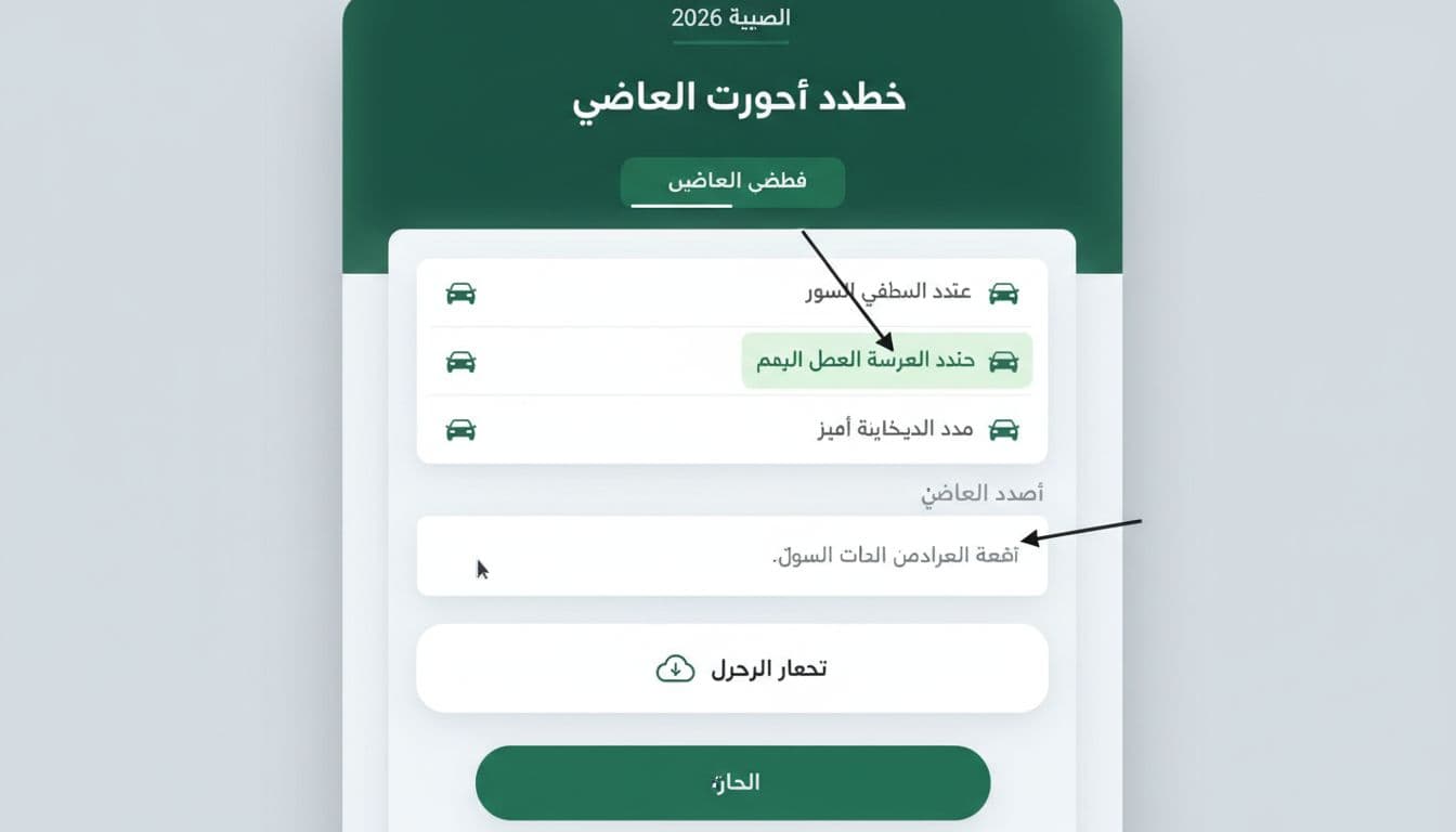 Illustrative UI-style close-up of selecting a traffic violation and entering objection reason on Absher Saudi platform 2026. Arabic web interface mockup featuring violation list, 'سبب الاعتراض' text box, document upload, and guiding arrows in green-white e-gov design.