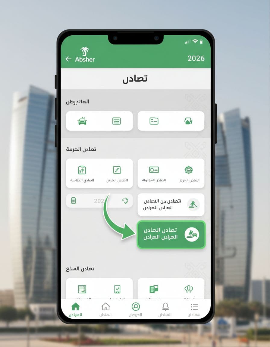 Illustrative UI mockup of Absher mobile app services menu for objecting to traffic violations in Saudi Arabia 2026, featuring Arabic sections like 'خدماتي', 'المركبات', 'خدمات المرور' with arrow to 'الاعتراض على المخالفات المرورية'. Professional design in green, white, and neutral tones.