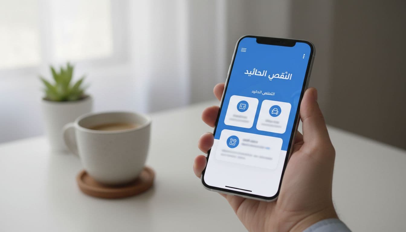 Smartphone screen displaying Absher app open to vehicle drop-off service in a simple home office with coffee cup and soft natural light. Modern realistic style with partial screen clarity and no visible text or logos.