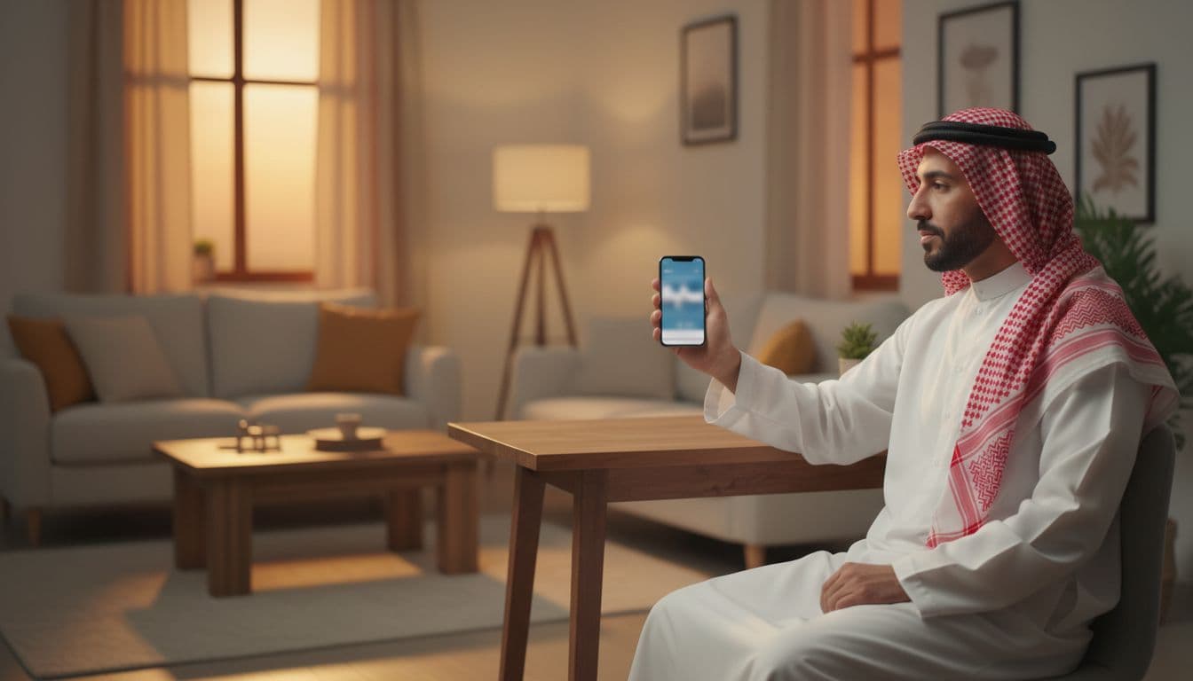 A single Arab man in traditional thobe sits relaxed at a home desk, holding a smartphone angled with blurred Absher app screen open, simple living room background, warm evening lighting, realistic photo.