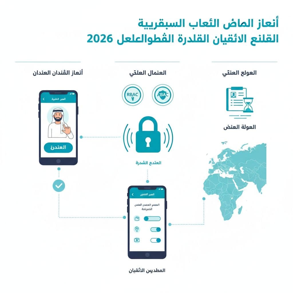 إنفوجرافيك يوضح إدارة الموافقات والتحكم بالوصول وسجلات التدقيق في تطبيق صحي خليجي.