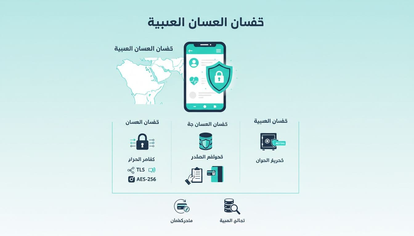 إنفوجرافيك عربي يوضح عناصر حماية البيانات الصحية في تطبيقات الخليج مثل التشفير والموافقة والتحكم بالوصول والاستضافة داخل الدولة.