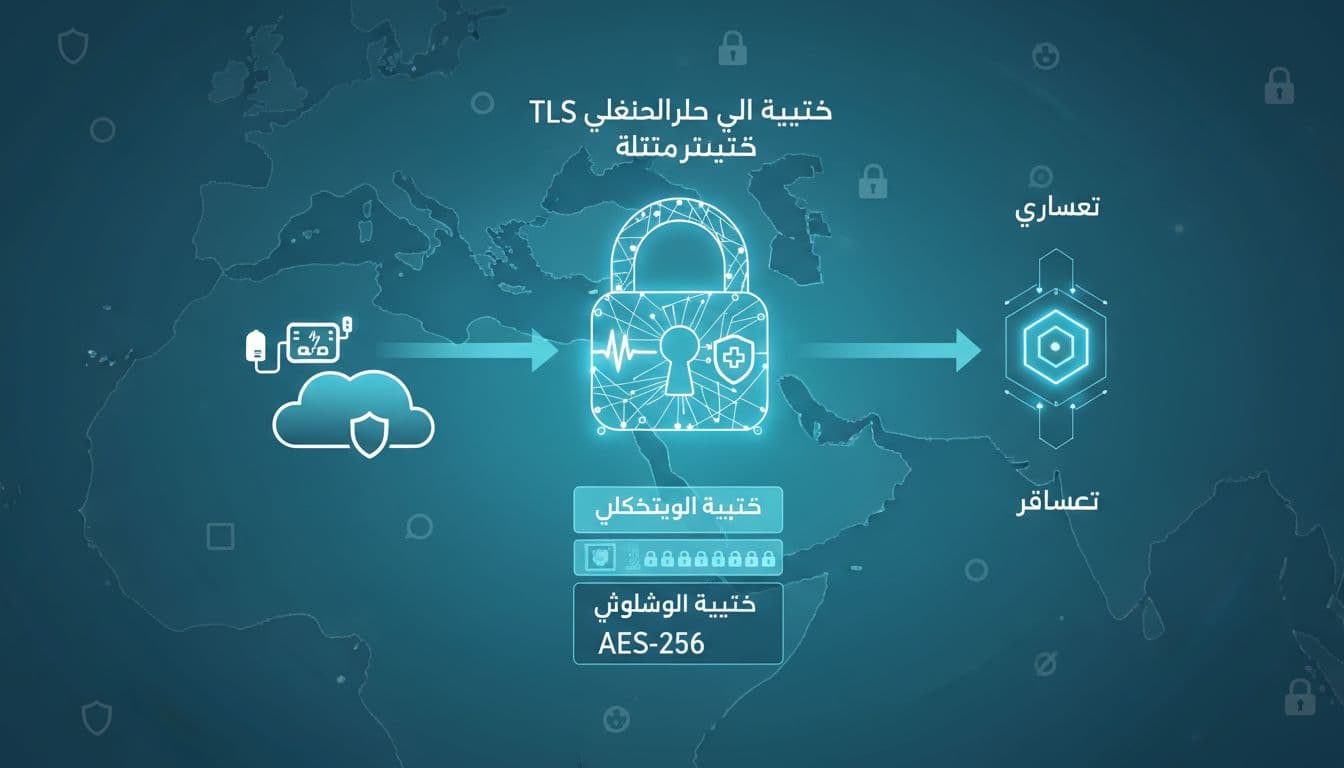 إنفوجرافيك يوضح تشفير TLS أثناء النقل وAES-256 أثناء التخزين مع ترميز البيانات في تطبيق صحي خليجي.