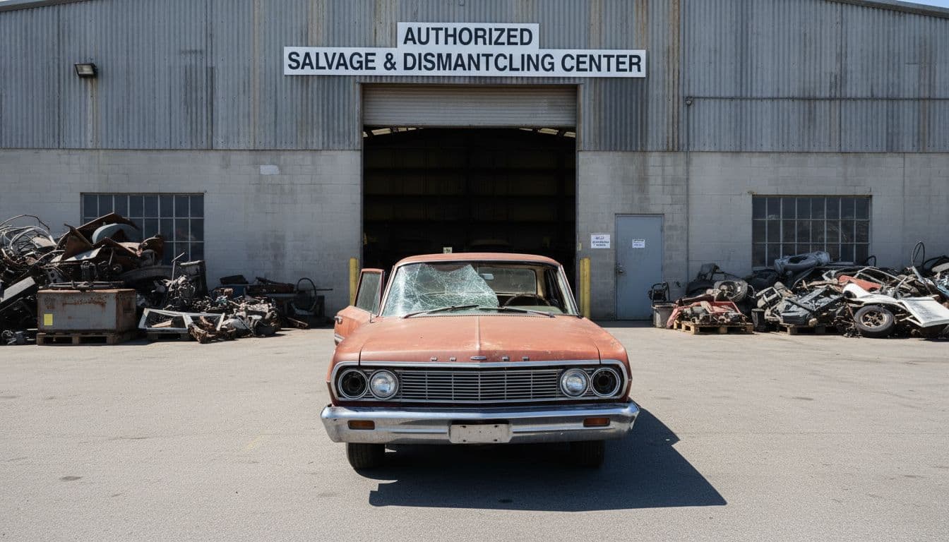 A single old damaged car parked in front of an accredited scrap center in a clean, sunny outdoor environment with realistic photographic style and natural daylight.