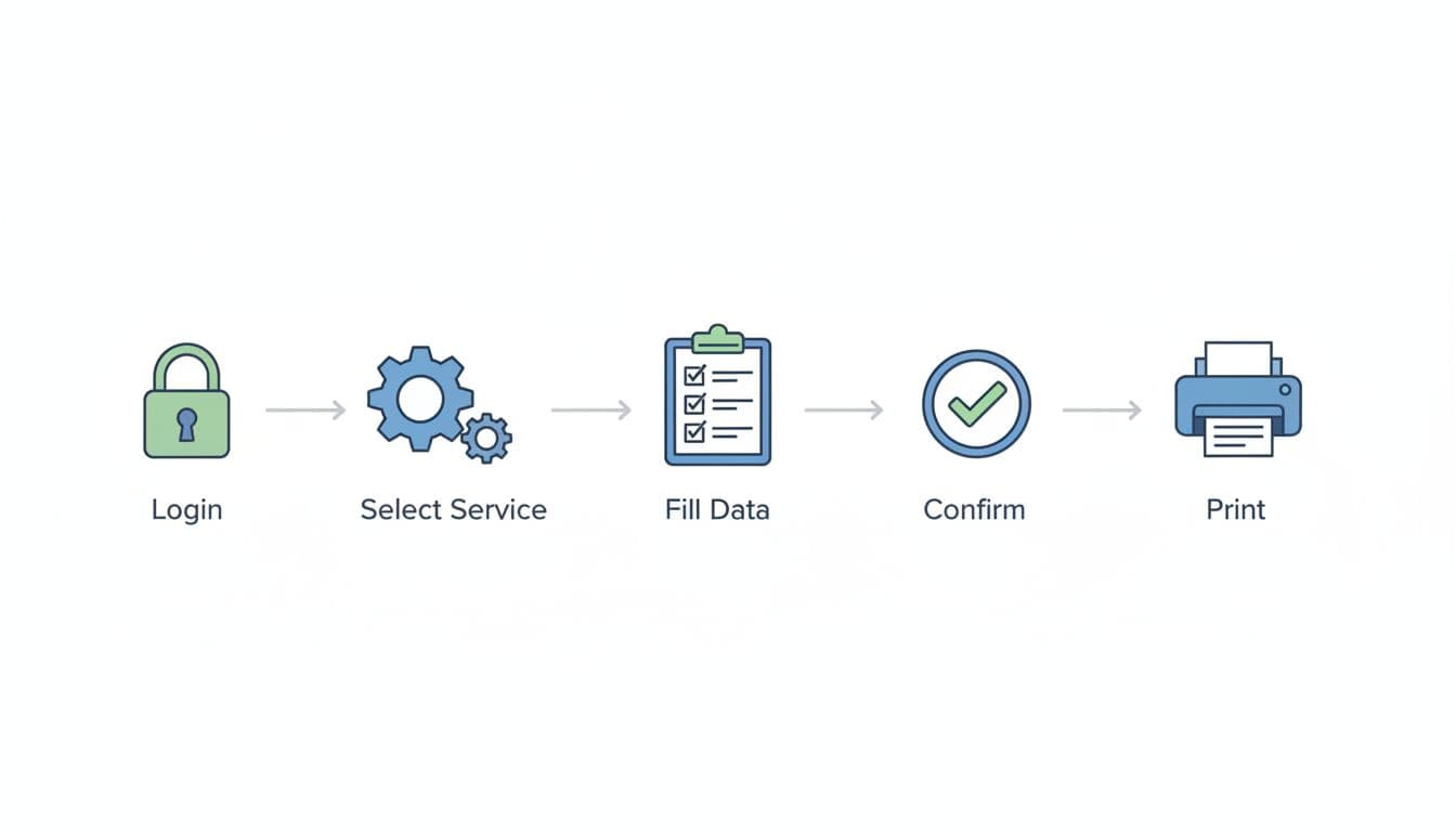Simple flat illustration of sequential icons depicting an electronic procedure: login, select service, fill data, confirm, and print on a clean white background with even lighting, no text or people.