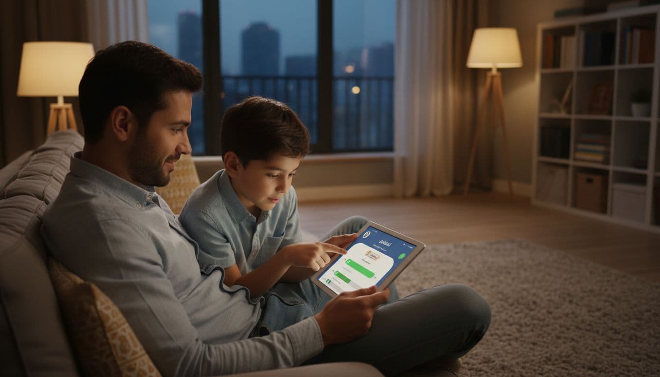 A father sits comfortably with a tablet in a warm evening-lit home living room, reviewing his son's academic progress on the Madarati platform. Realistic style featuring only the father and son nearby, with a relaxed hand on the device.