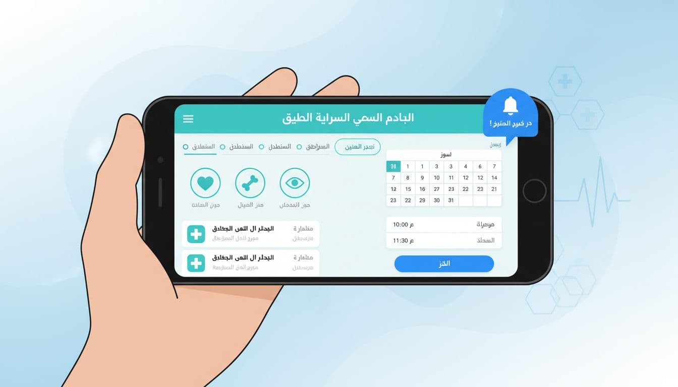 هاتف يعرض خطوات حجز موعد في تطبيق بوابة صحية خليجية مع أيقونات تخصصات وتقويم تأكيد
