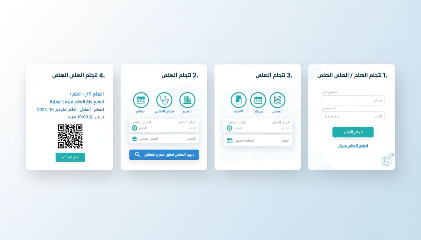 واجهة إرشادية للبوابة الخليجية للخدمات الصحية تعرض خطوات تسجيل الدخول ولوحة التحكم وحجز الموعد