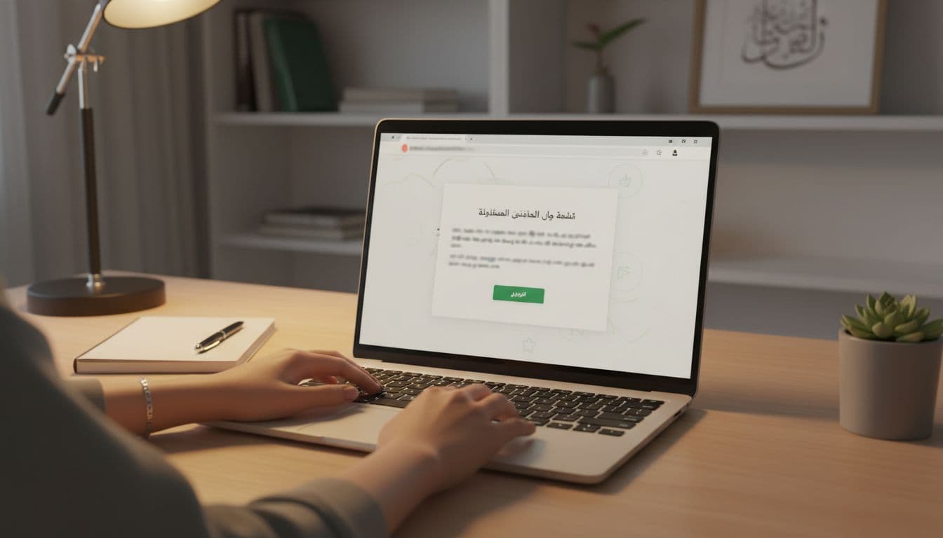 لابتوب على مكتب نظيف في مكتب عمل منزلي سعودي يعرض صفحة طاقات برنامج حافز مع زر تسجيل، ويدين اثنتين مرتاحتين بجانب الكيبورد، إضاءة دافئة واقعية.