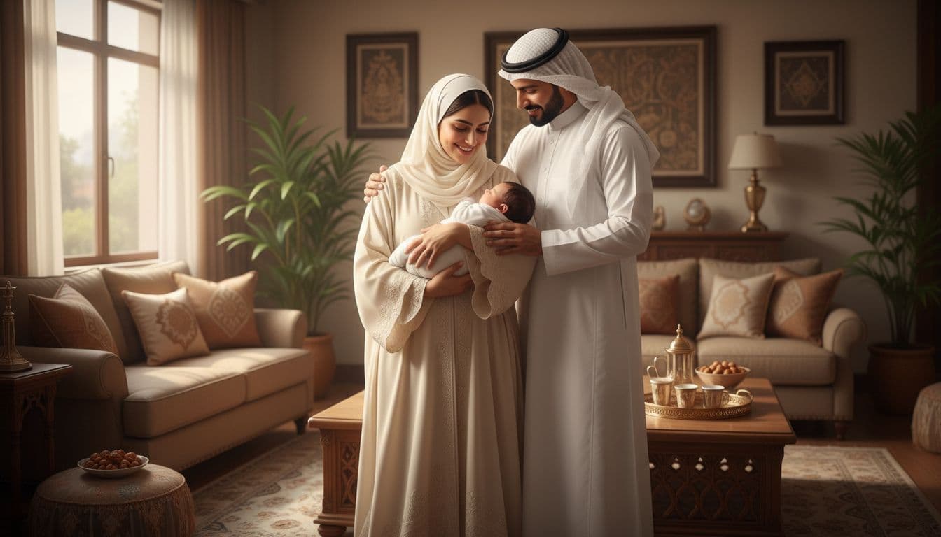 عائلة سعودية سعيدة مع طفل رضيع جديد في غرفة منزلية دافئة، الأم تحمل الطفل بلطف والأب يبتسم بجانبهما.