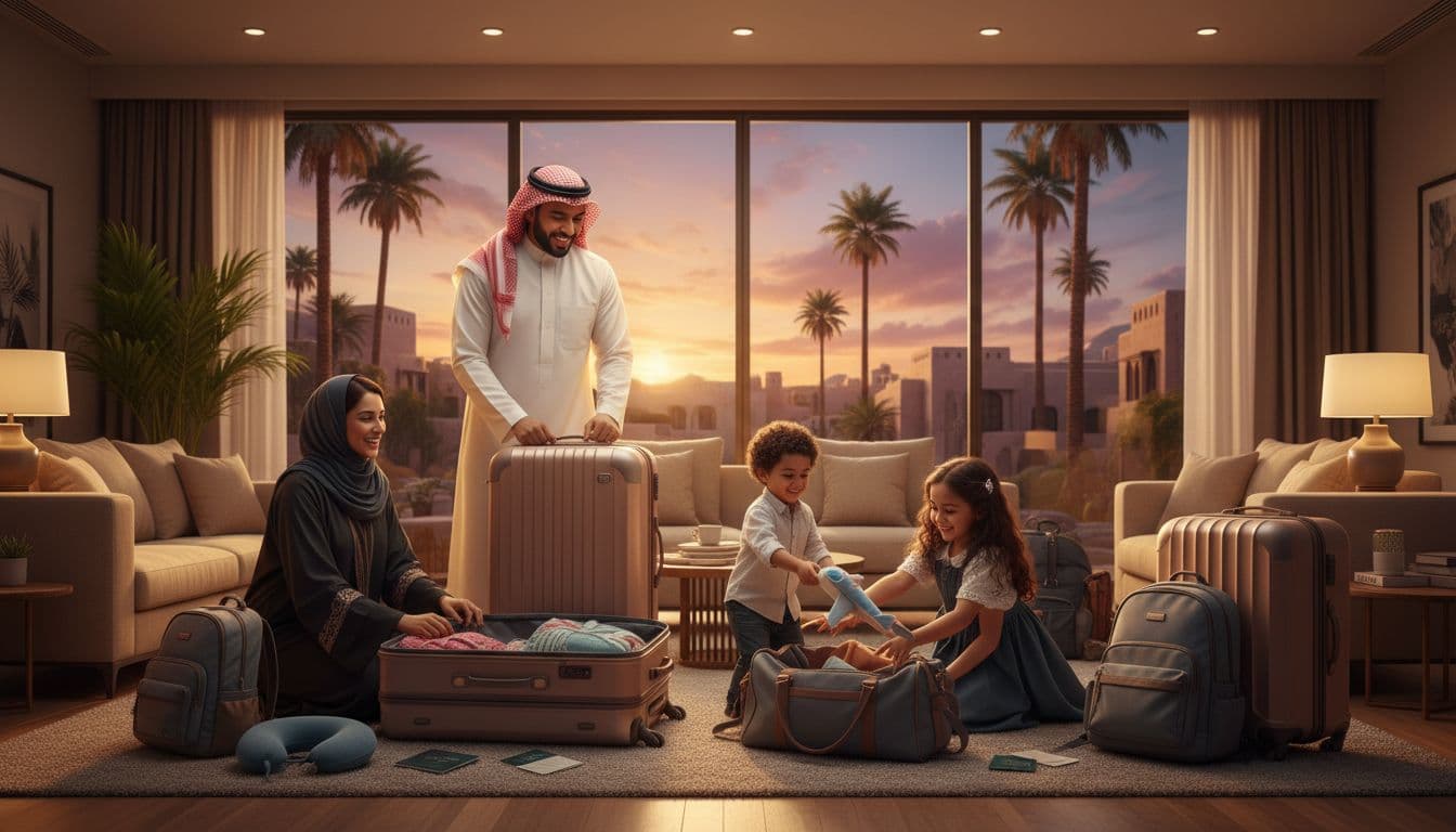 عائلة سعودية سعيدة تتكون من أب وأم وطفلين صغيرين يبتسمون أثناء تحضير حقائب السفر في غرفة منزل حديث مع إضاءة دافئة وخلفية سعودية بنخيل.