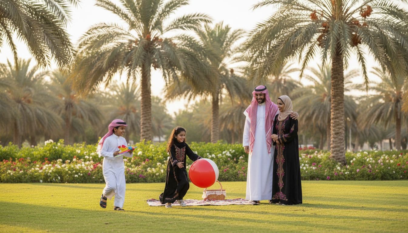 A joyful Saudi family spends their school holiday in a vibrant green park with palm trees, where two children—one boy and one girl—play happily while their parents in simple traditional attire watch under warm sunlight.