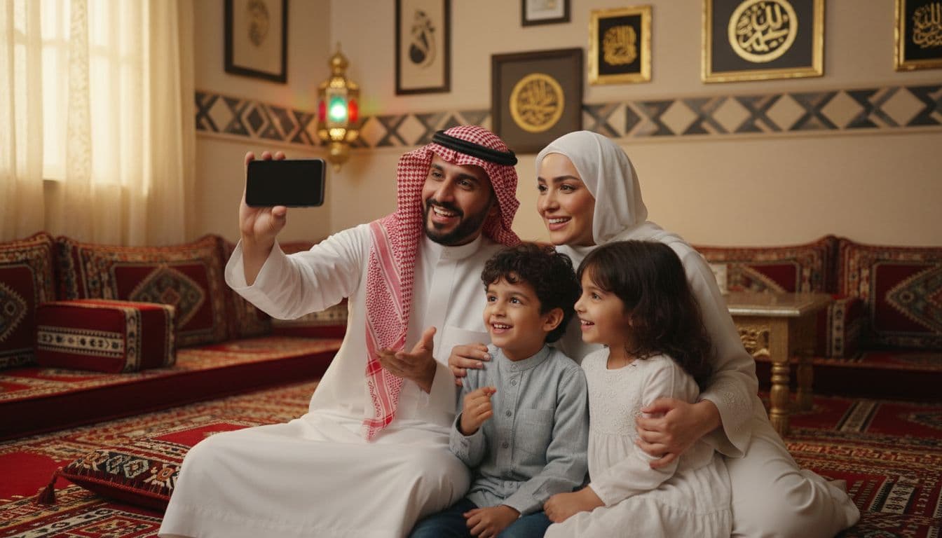A small joyful Saudi family in a clean traditional living room at home, father holding a phone and pointing to it, mother and two children smiling beside him, warm lighting focusing on smiles and simple interaction, realistic style with exactly three people.